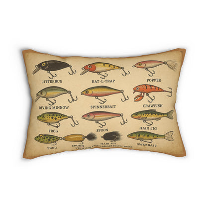 Fishing Lures Lumbar Pillow, Bass Lovers Home Decor, Spun Polyester Cushion, Outdoor Fishing Gift, Man Cave Pillow