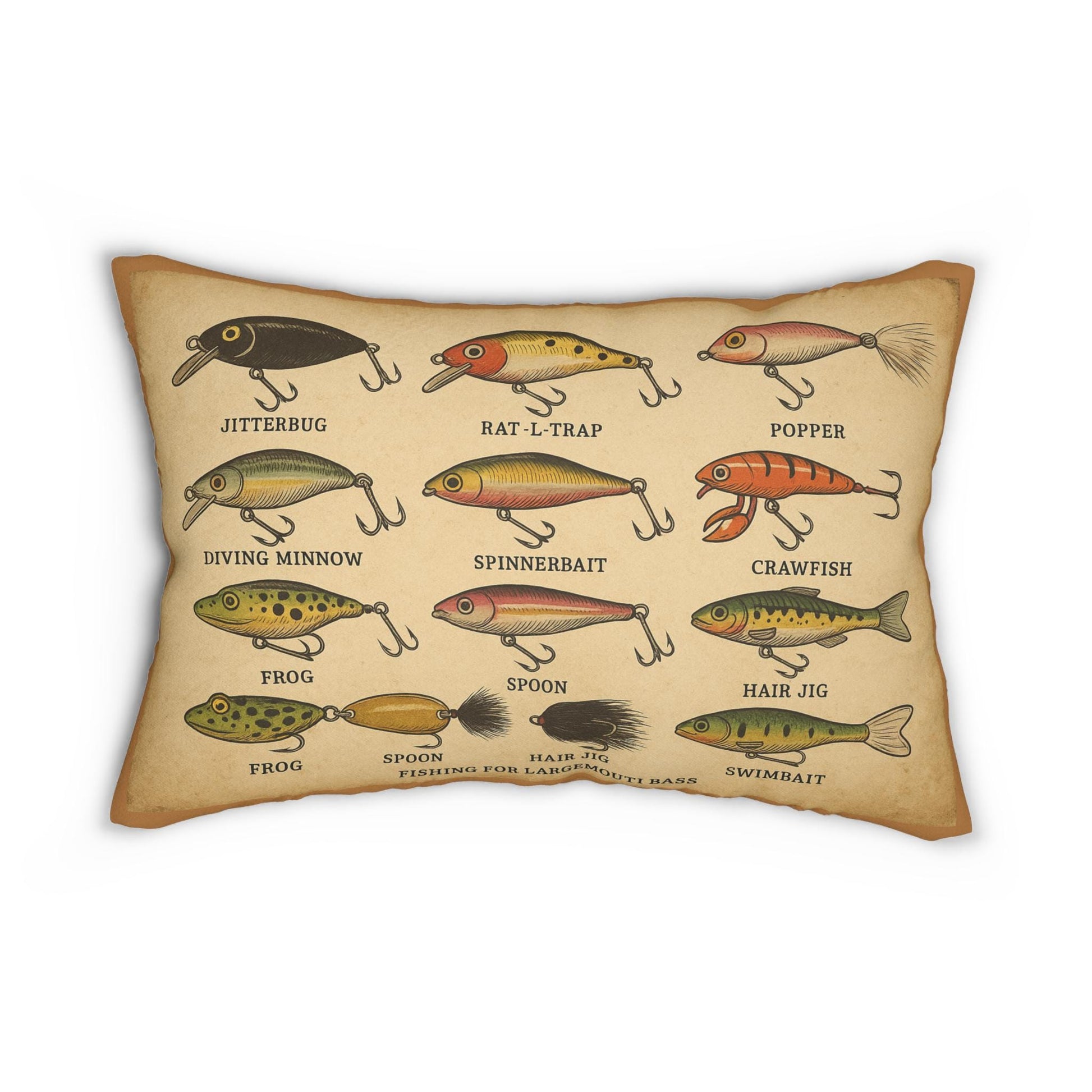 Fishing Lures Lumbar Pillow, Bass Lovers Home Decor, Spun Polyester Cushion, Outdoor Fishing Gift, Man Cave Pillow