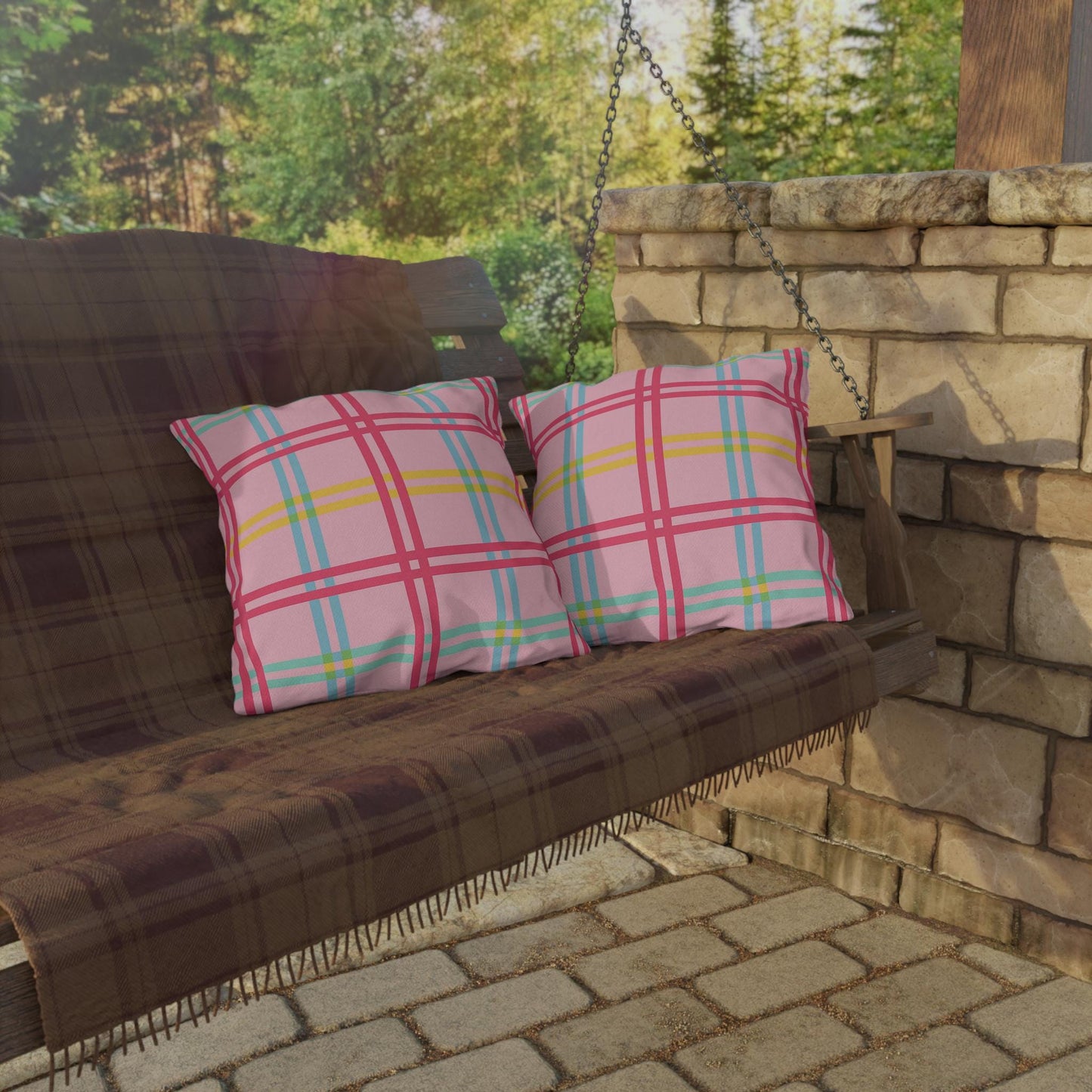 Mahjong Preppy Plaid Pillow - Luxury Game Night Decor, Outdoor Cushion, Patio Accent, Garden Pillow, Picnic Cushion