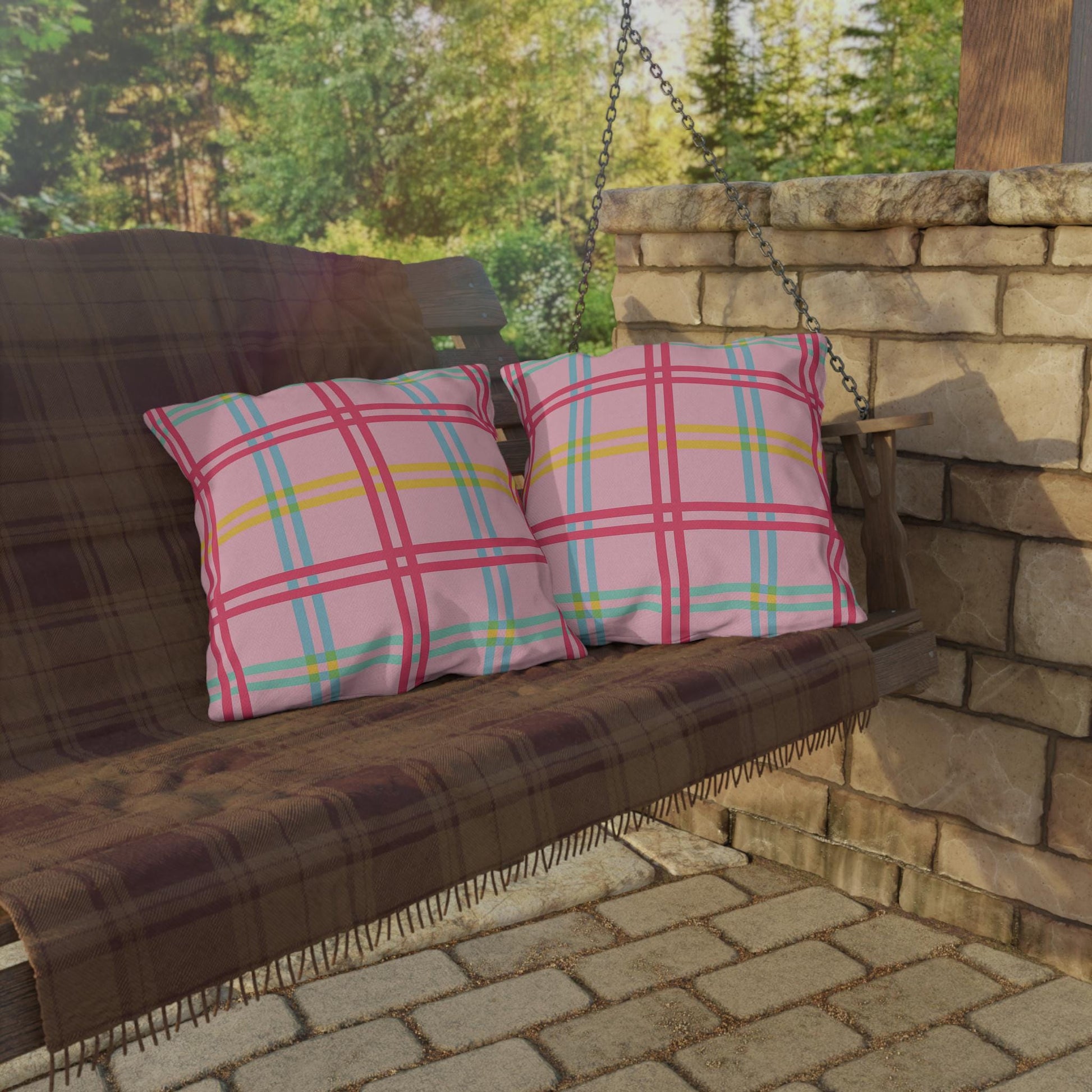 Mahjong Preppy Plaid Pillow - Luxury Game Night Decor, Outdoor Cushion, Patio Accent, Garden Pillow, Picnic Cushion