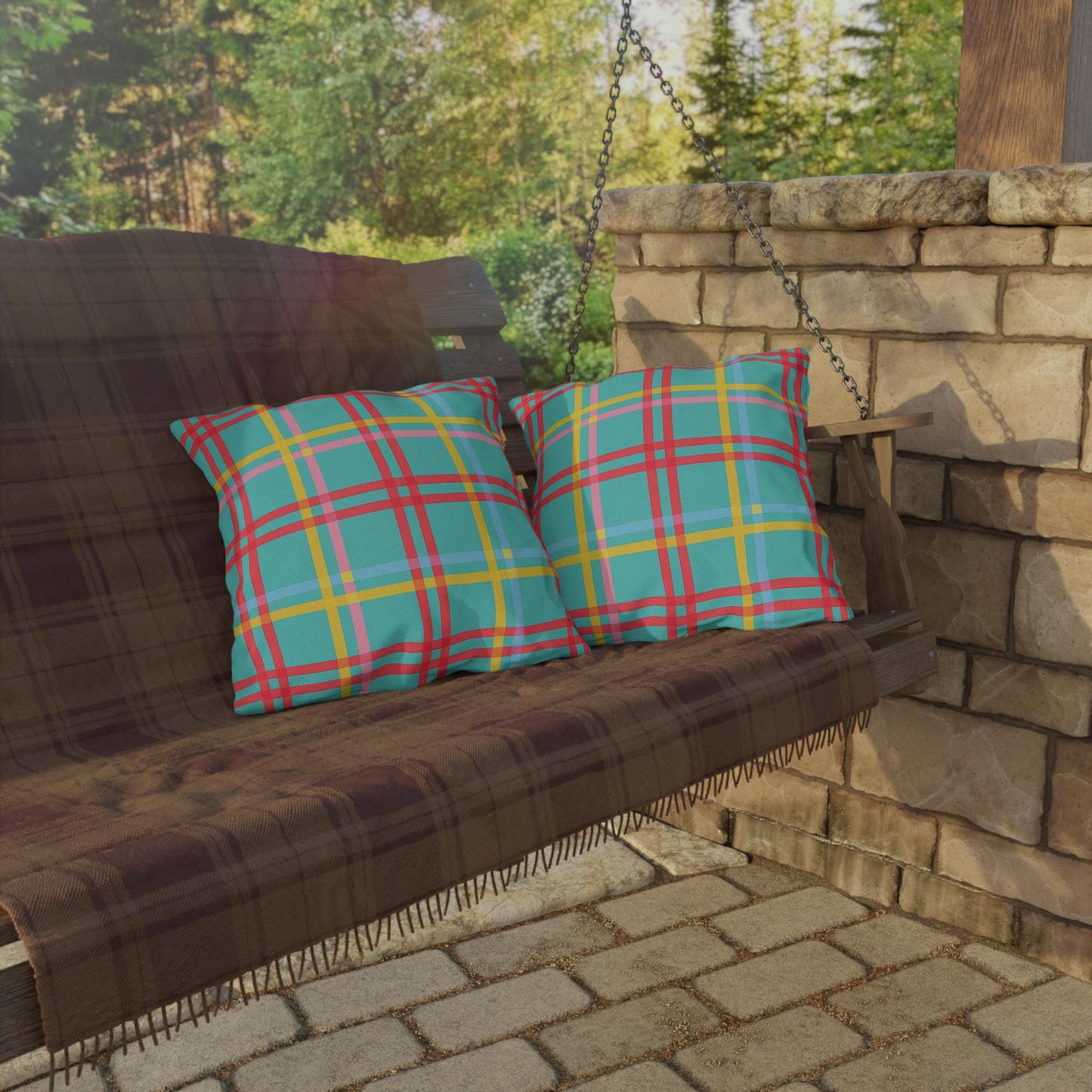 Mahjong Preppy Plaid Pillow - Luxury Game Night Decor, Outdoor Cushion, Patio Accent, Garden Pillow, Picnic Cushion
