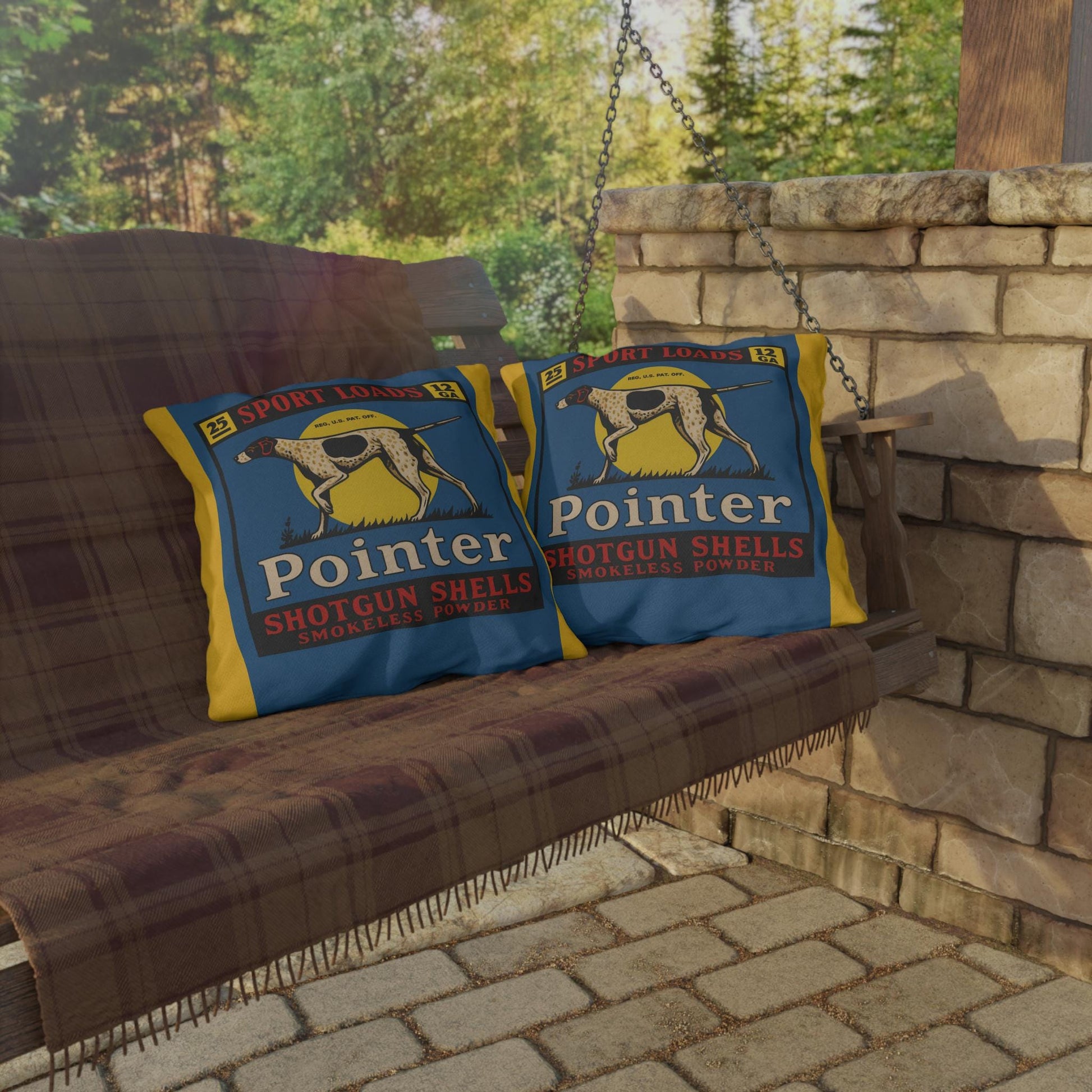 Shotgun Shell Box Outdoor Pillow, Cabin Decor, Man Cave Throw Pillow, Hunting Lodge Cushion, Rustic Home Accent