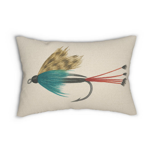 Spun Polyester Pillow, Fly Fishing Lure Decor, Teal and Red Salmon Trout Pattern, Gift for Fisherman, Home Decor, Throw Cushion Cover,