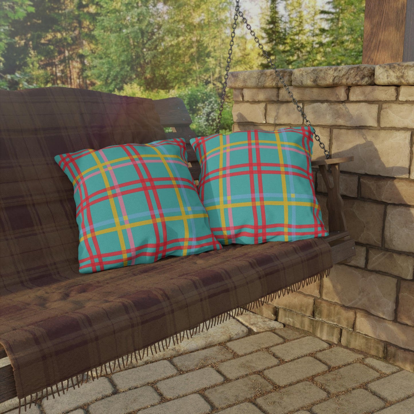 Mahjong Preppy Plaid Pillow - Luxury Game Night Decor, Outdoor Cushion, Patio Accent, Garden Pillow, Picnic Cushion