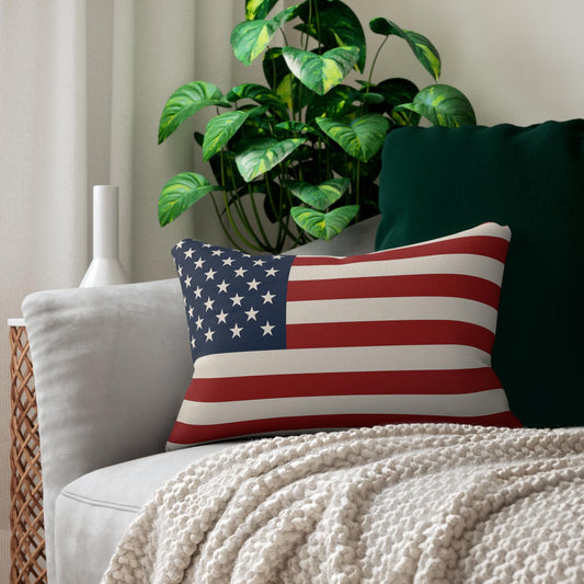 USA Flag Spun Polyester Lumbar Pillow - Patriotic Decor, American Pride Cushion, Made in USA Throw Pillow, Red White and Blue Accent Pillow,