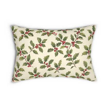 Vintage Holly & Berries Christmas Lumbar Pillow | Holiday Botanical Throw
