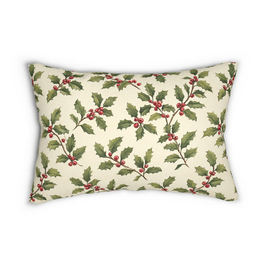 Vintage Holly & Berries Christmas Lumbar Pillow | Holiday Botanical Throw