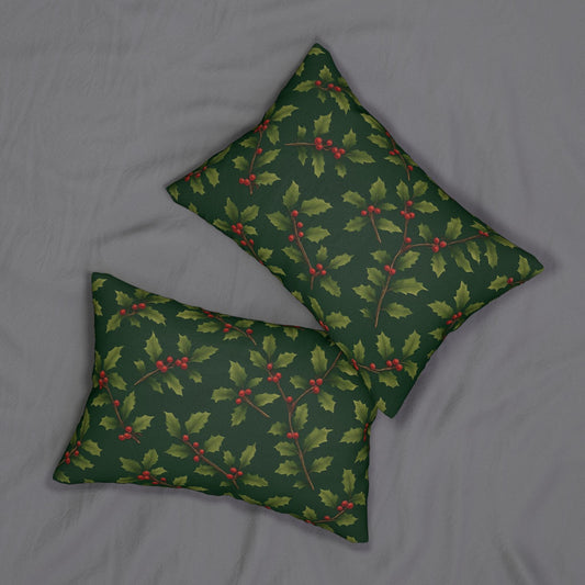Deep Green Vintage Holly & Berries Christmas Lumbar Pillow | Holiday Botanical Throw