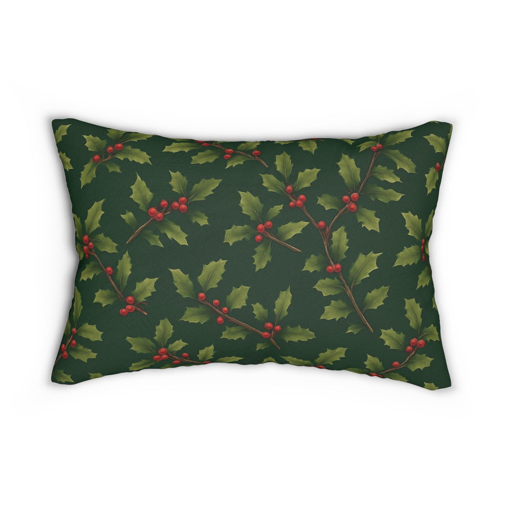 Deep Green Vintage Holly & Berries Christmas Lumbar Pillow | Holiday Botanical Throw