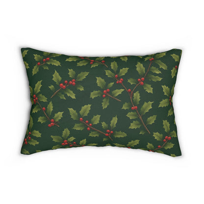 Deep Green Vintage Holly & Berries Christmas Lumbar Pillow | Holiday Botanical Throw