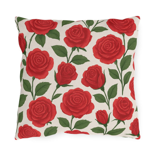 Red Roses Outdoor Pillows - Classic Valentine's Day Decor, Sunroom Throw Pillow, Floral Cushion, Garden Patio Pillow Cover, Romantic Home