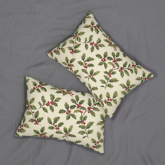Vintage Holly & Berries Christmas Lumbar Pillow | Holiday Botanical Throw