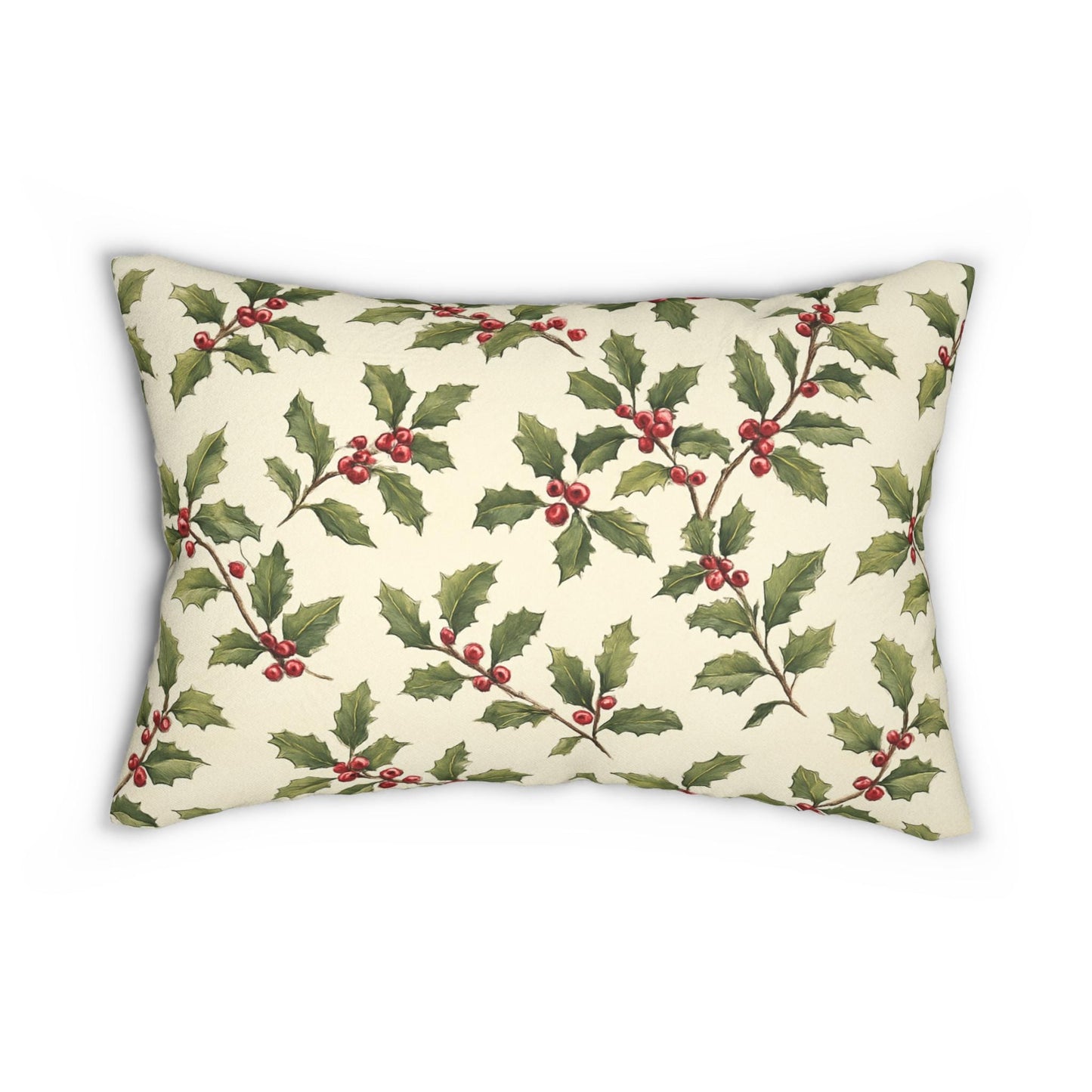 Vintage Holly & Berries Christmas Lumbar Pillow | Holiday Botanical Throw