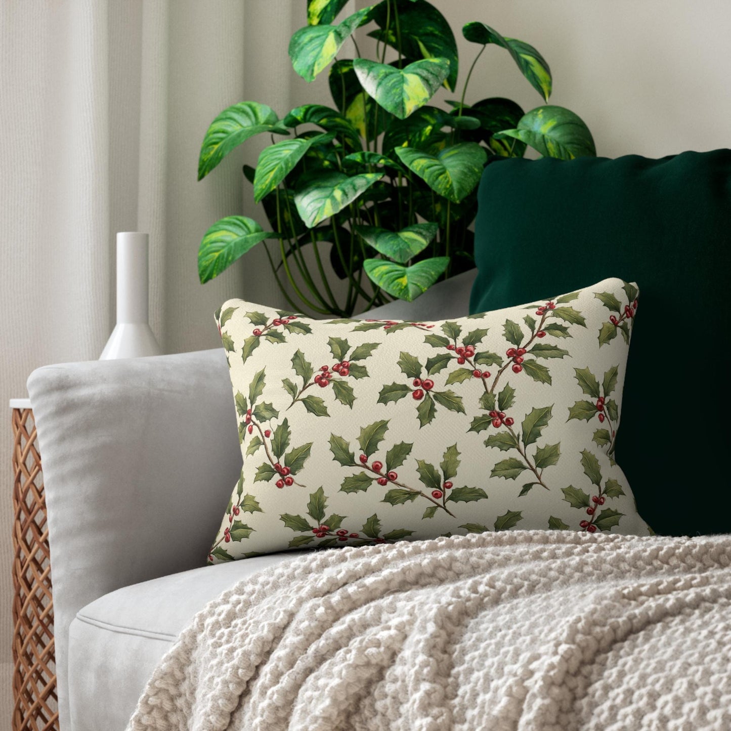 Vintage Holly & Berries Christmas Lumbar Pillow | Holiday Botanical Throw