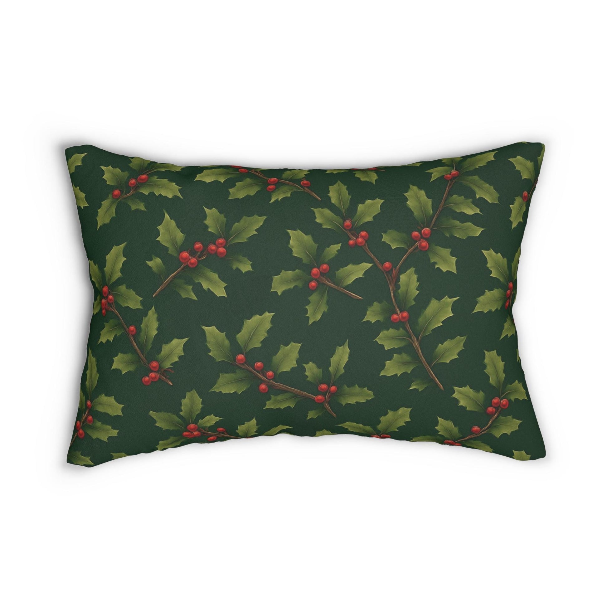 Deep Green Vintage Holly & Berries Christmas Lumbar Pillow | Holiday Botanical Throw