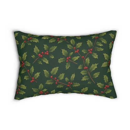 Deep Green Vintage Holly & Berries Christmas Lumbar Pillow | Holiday Botanical Throw