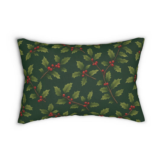 Deep Green Vintage Holly & Berries Christmas Lumbar Pillow | Holiday Botanical Throw