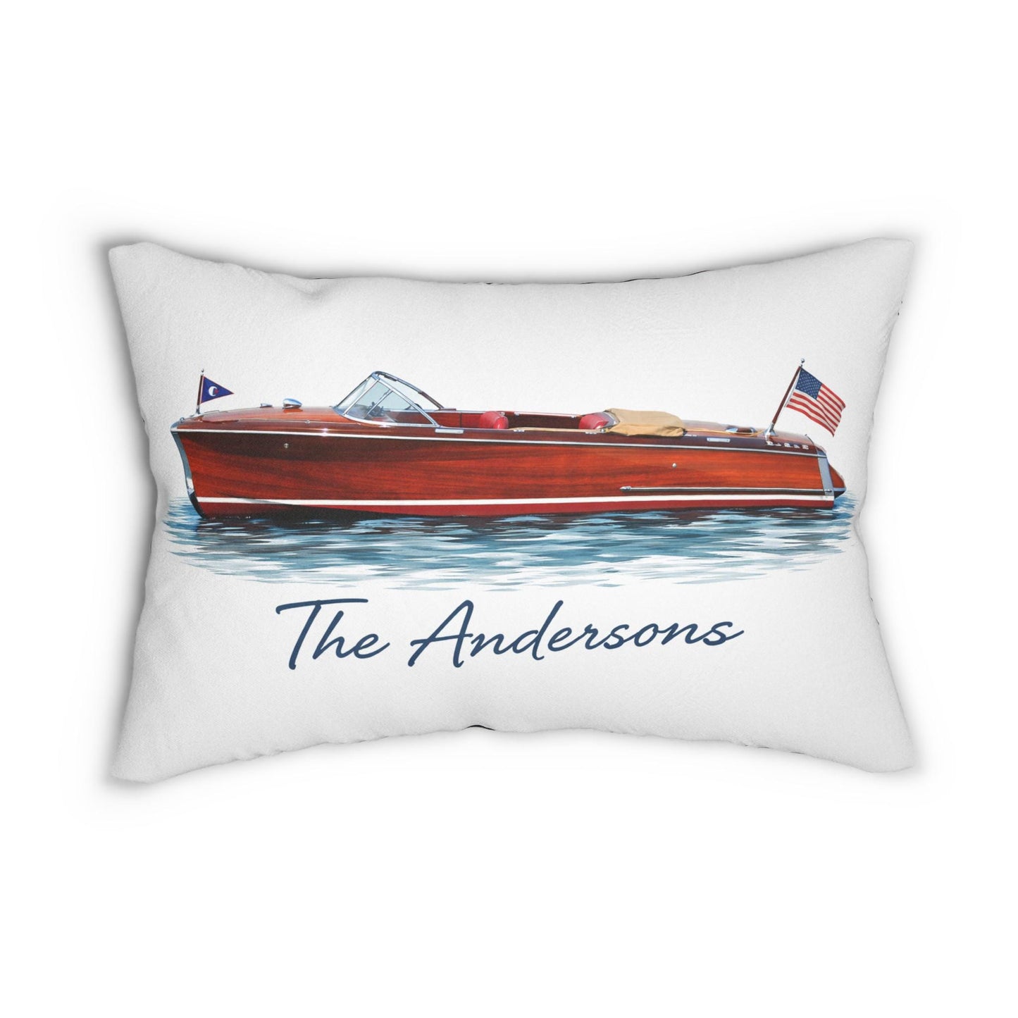 Personalized Wooden Boat Name Drop Lumbar Pillow | Plaid Back, Custom Boat Design