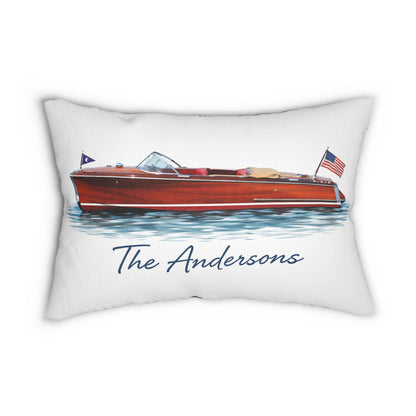 Personalized Wooden Boat Name Drop Lumbar Pillow | Plaid Back, Custom Boat Design