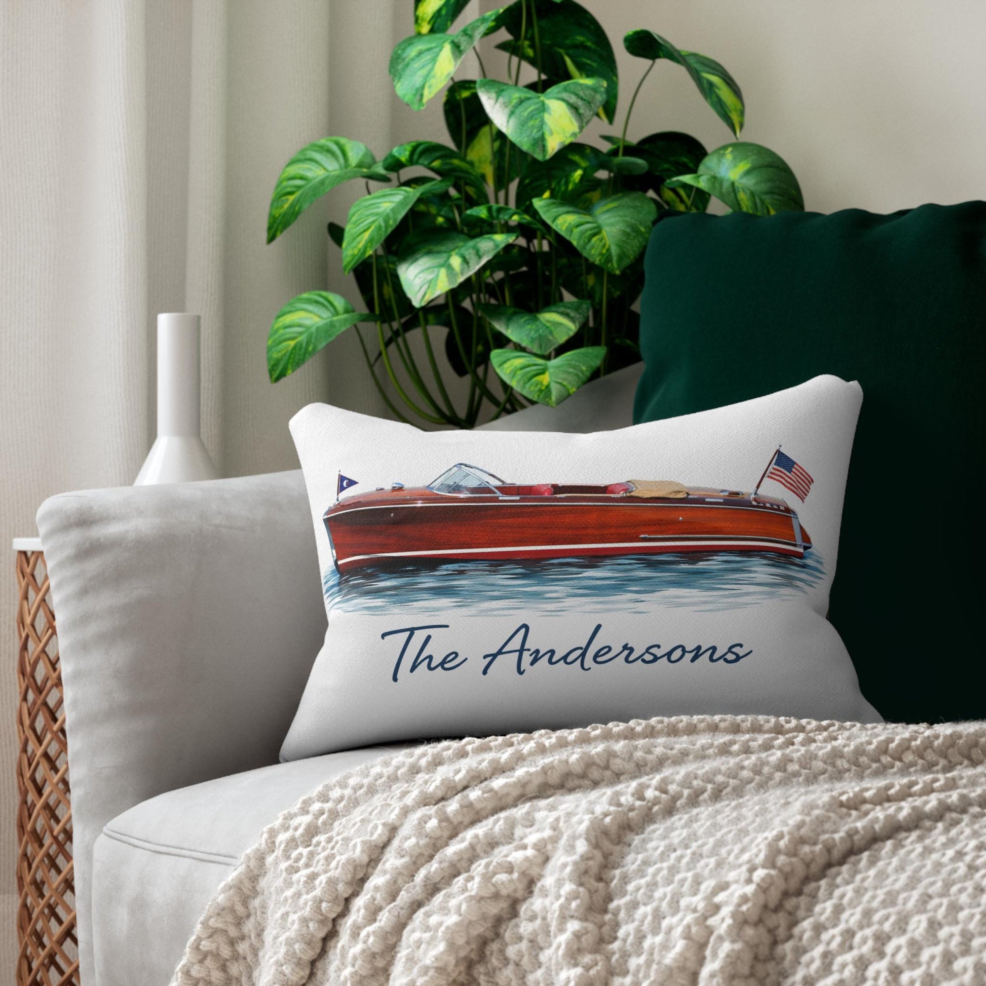 Personalized Wooden Boat Name Drop Lumbar Pillow | Plaid Back, Custom Boat Design