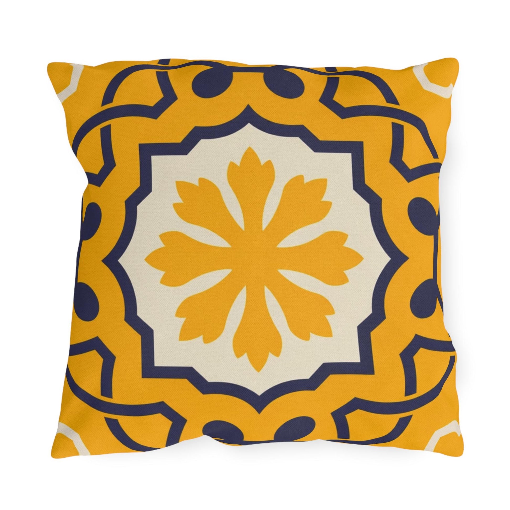 Yellow Mediterranean Tile Outdoor Pillow | Sunflower Geometric Pattern