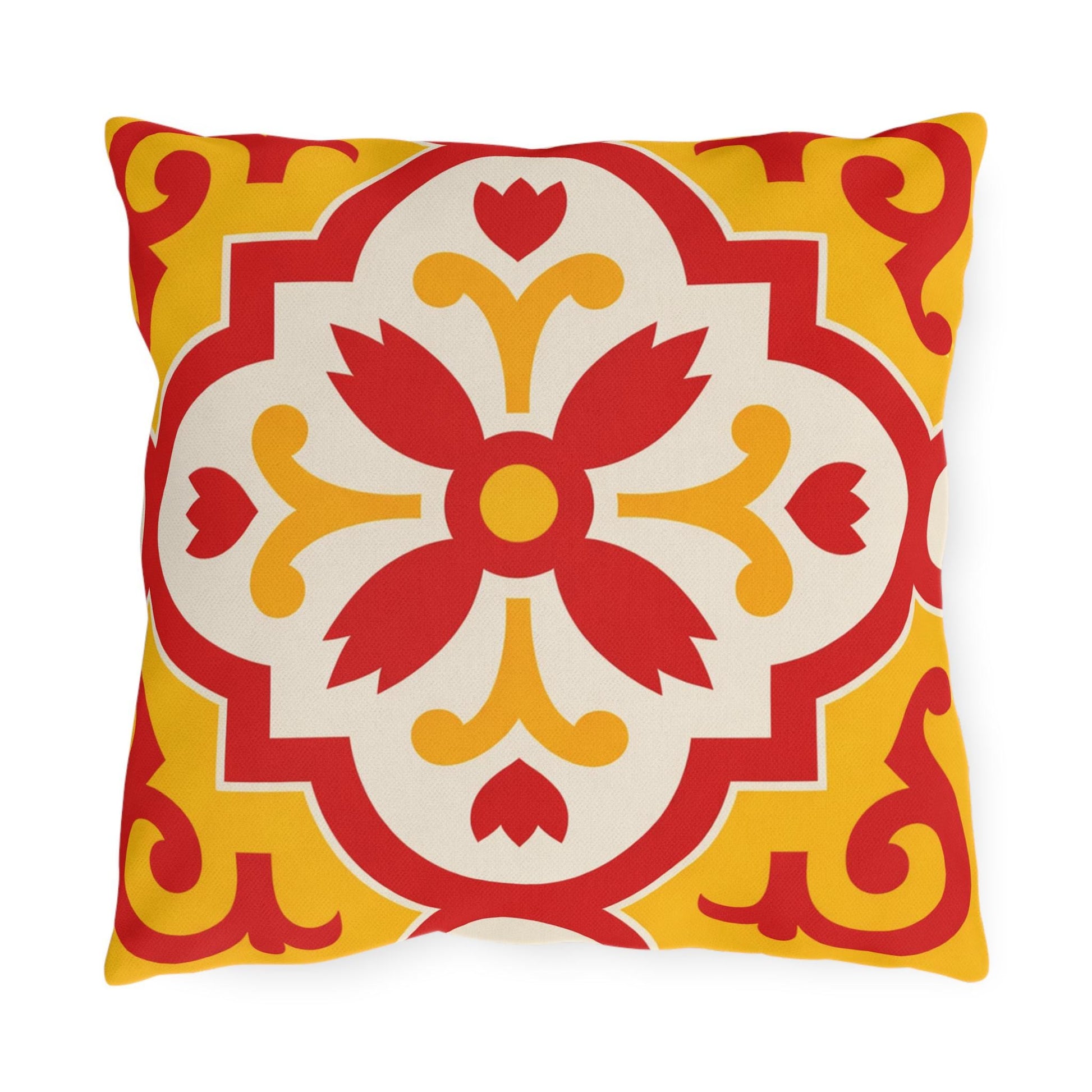Red/Yellow Mediterranean Tile Outdoor Pillow | Sunflower Geometric Pattern