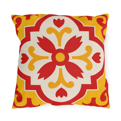 Red/Yellow Mediterranean Tile Outdoor Pillow | Sunflower Geometric Pattern