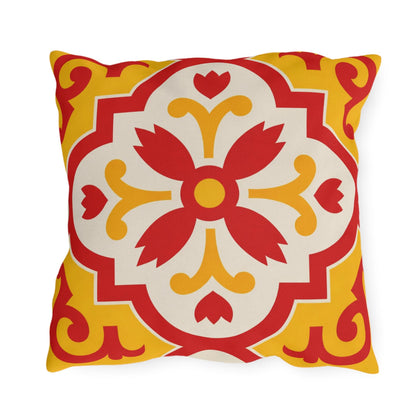 Red/Yellow Mediterranean Tile Outdoor Pillow | Sunflower Geometric Pattern
