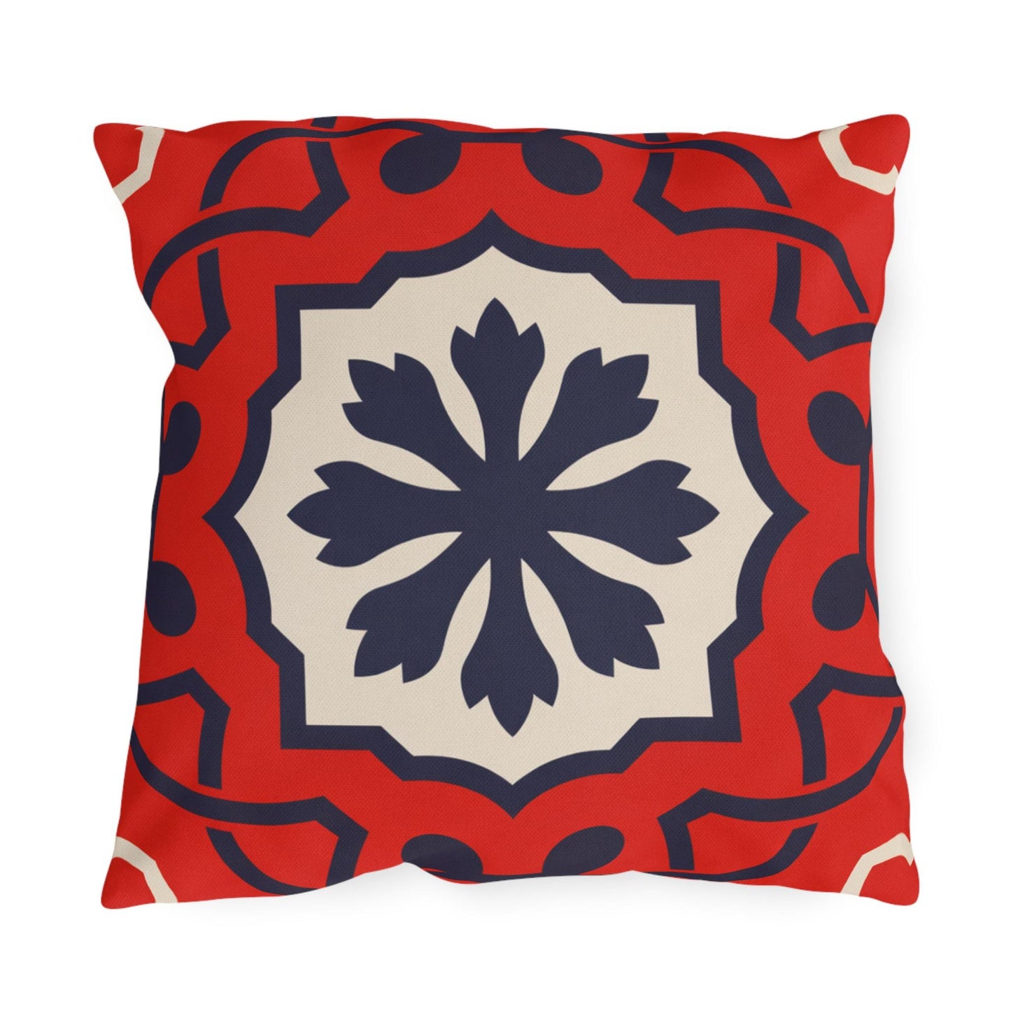 Red Mediterranean Tile Outdoor Pillow | Sunflower Geometric Pattern