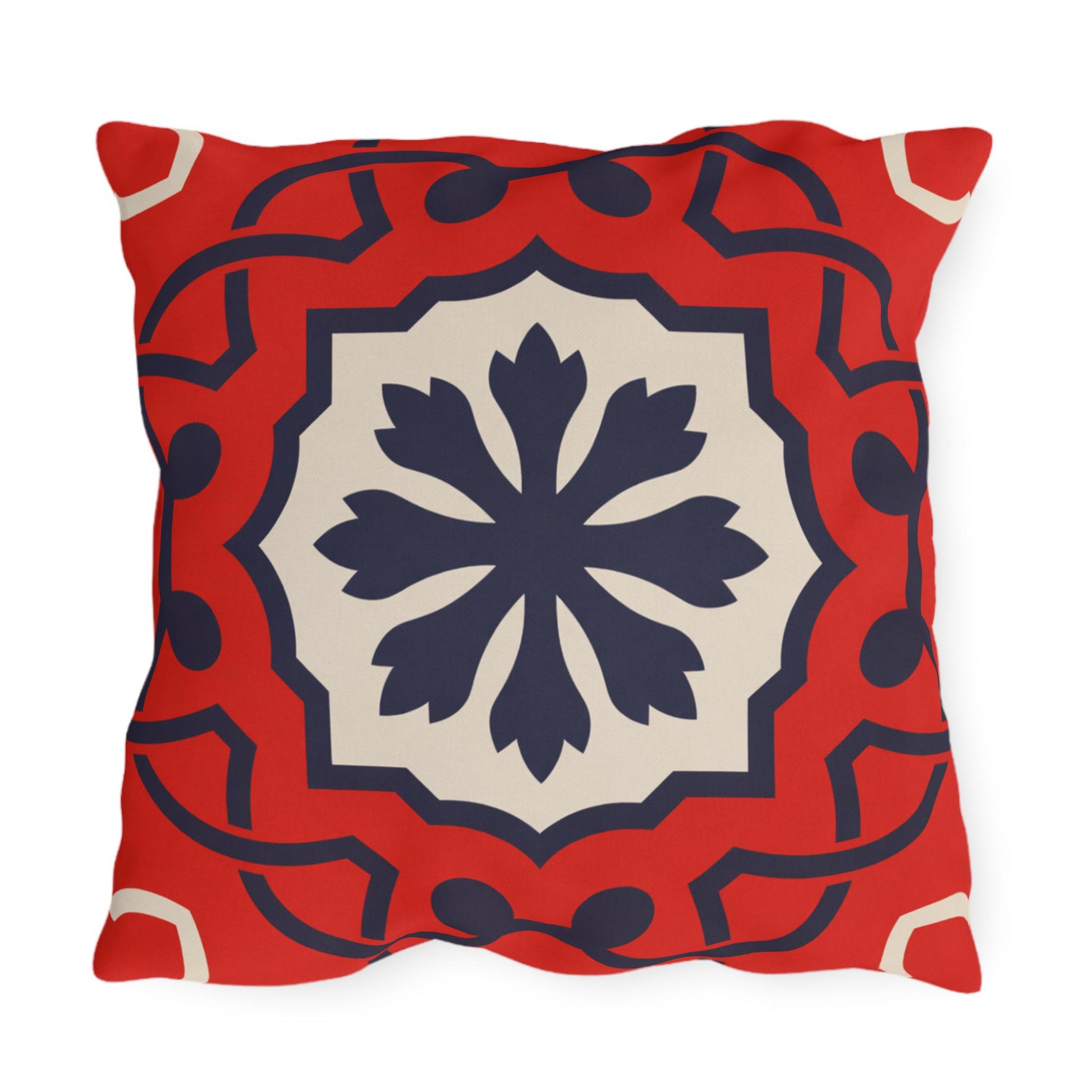 Red Mediterranean Tile Outdoor Pillow | Sunflower Geometric Pattern