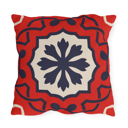 Red Mediterranean Tile Outdoor Pillow | Sunflower Geometric Pattern