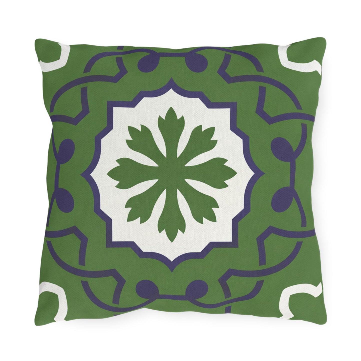Green Mediterranean Tile Outdoor Pillow | Sunflower Geometric Pattern