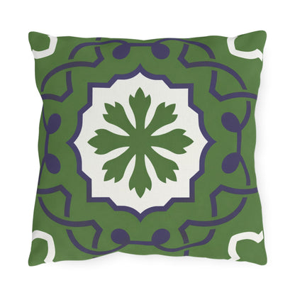 Green Mediterranean Tile Outdoor Pillow | Sunflower Geometric Pattern