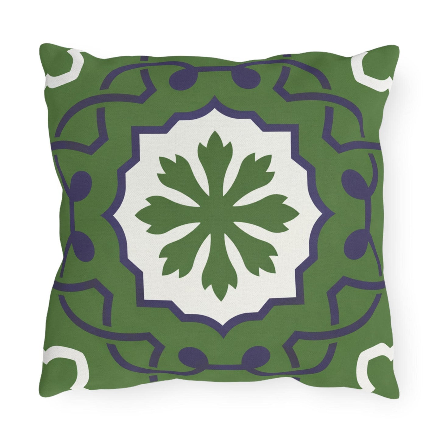 Green Mediterranean Tile Outdoor Pillow | Sunflower Geometric Pattern