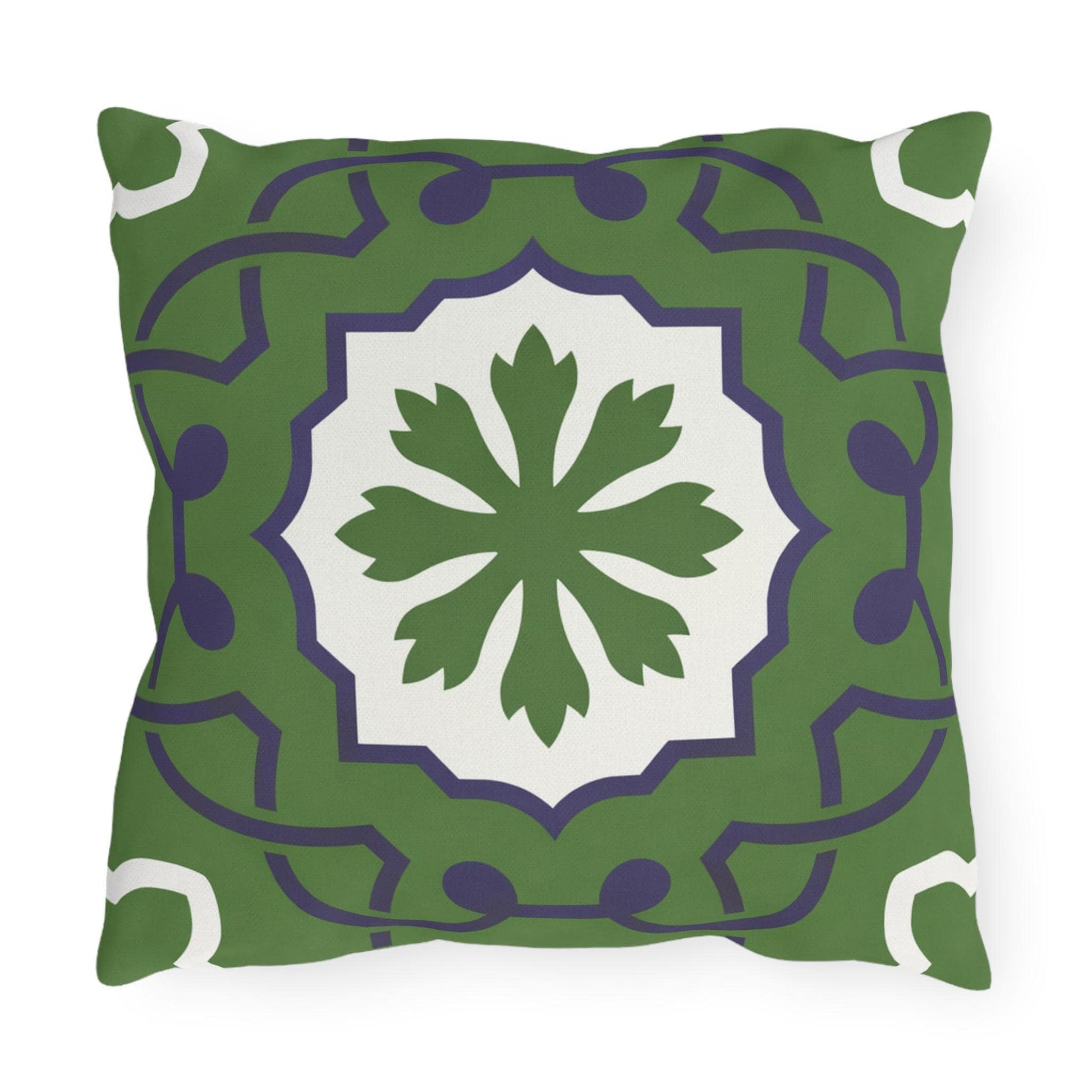 Green Mediterranean Tile Outdoor Pillow | Sunflower Geometric Pattern