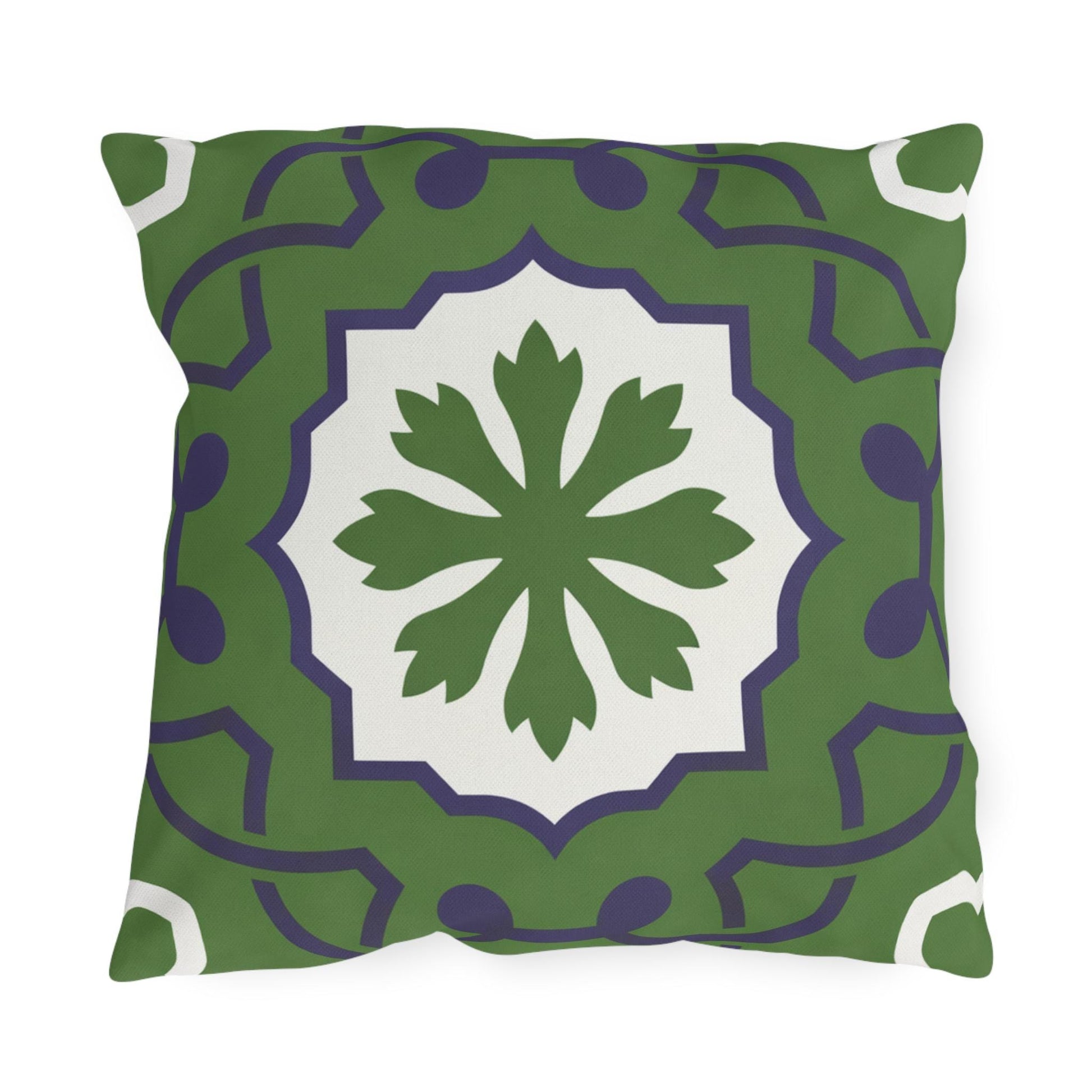 Green Mediterranean Tile Outdoor Pillow | Sunflower Geometric Pattern