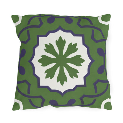 Green Mediterranean Tile Outdoor Pillow | Sunflower Geometric Pattern