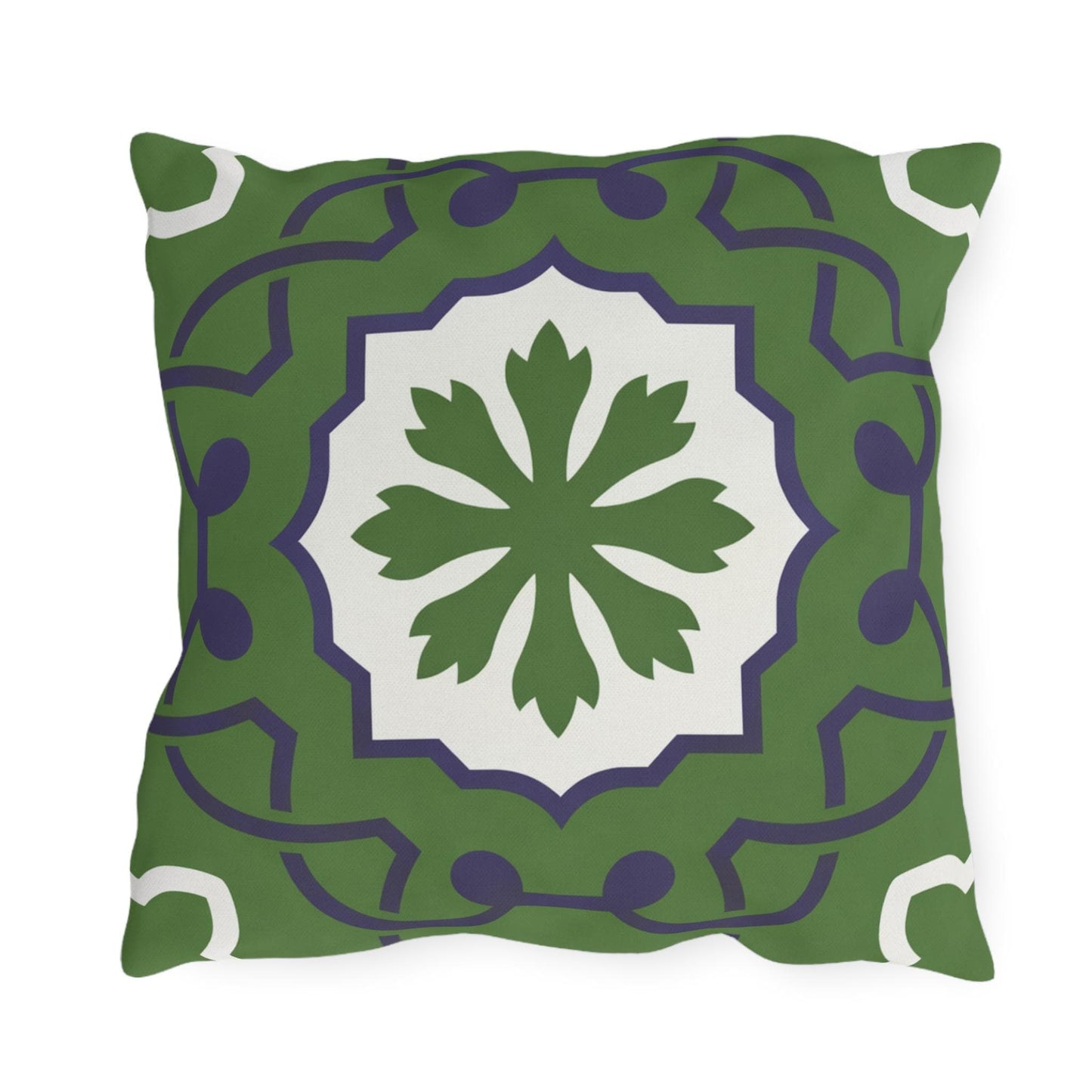 Green Mediterranean Tile Outdoor Pillow | Sunflower Geometric Pattern
