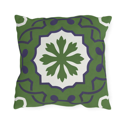Green Mediterranean Tile Outdoor Pillow | Sunflower Geometric Pattern