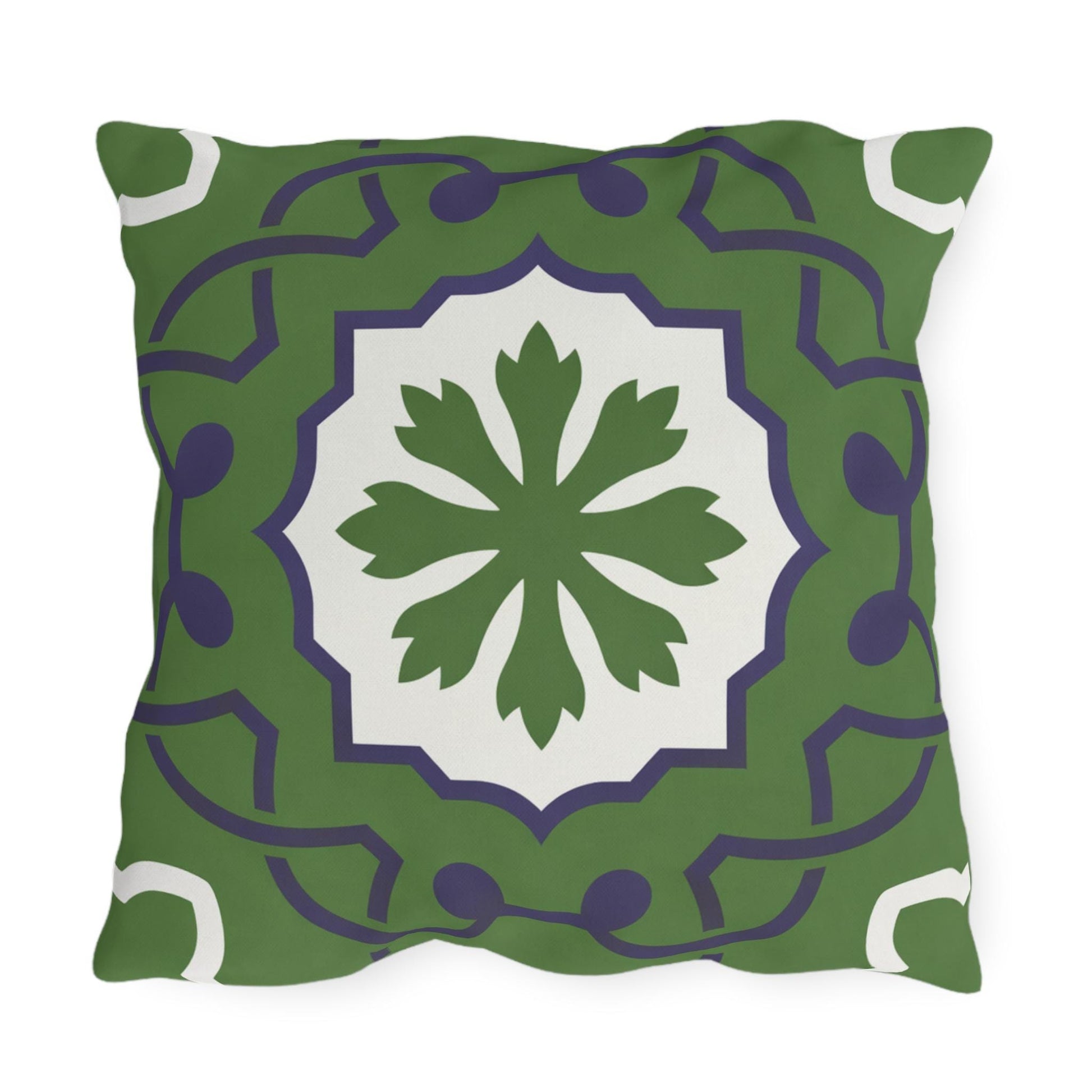 Green Mediterranean Tile Outdoor Pillow | Sunflower Geometric Pattern