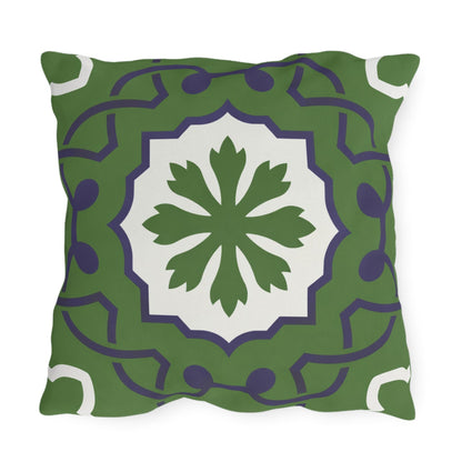 Green Mediterranean Tile Outdoor Pillow | Sunflower Geometric Pattern