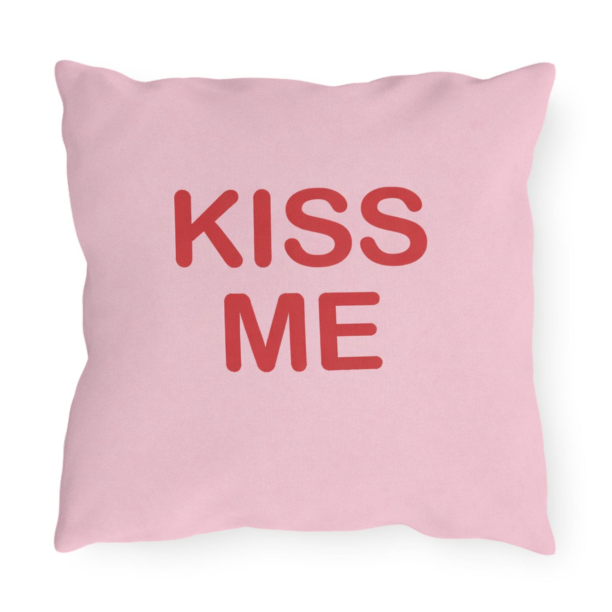 Kiss Me Candy Heart Outdoor Pillow | Valentine's Day Square Throw Pillow