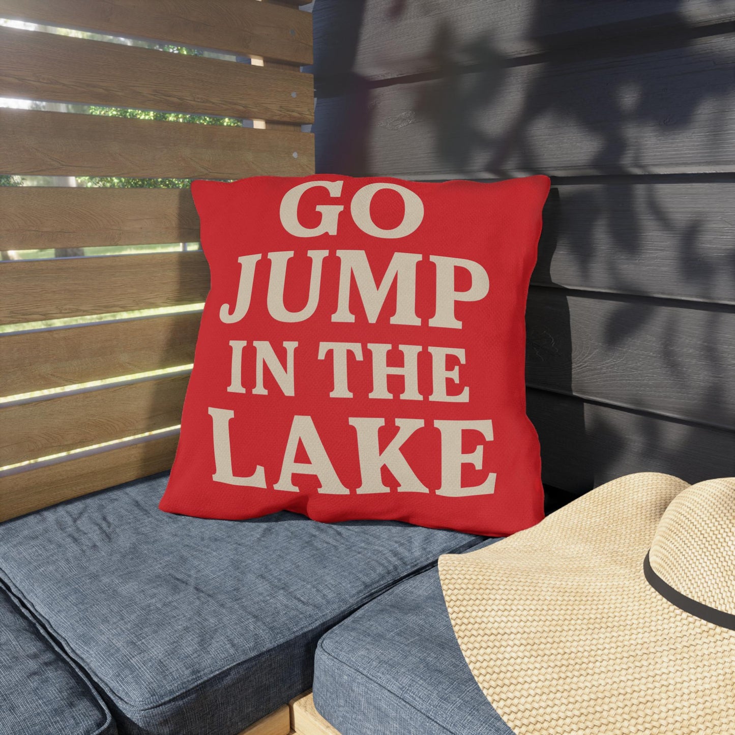 Go Jump In The Lake Outdoor Pillow | Lakehouse Boathouse Decor