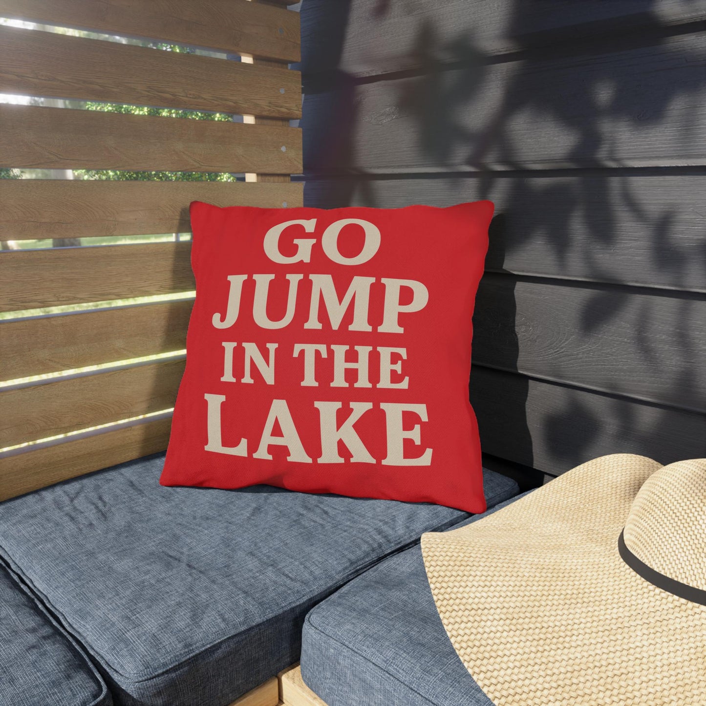 Go Jump In The Lake Outdoor Pillow | Lakehouse Boathouse Decor