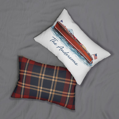 Personalized Wooden Boat Name Drop Lumbar Pillow | Plaid Back, Custom Boat Design