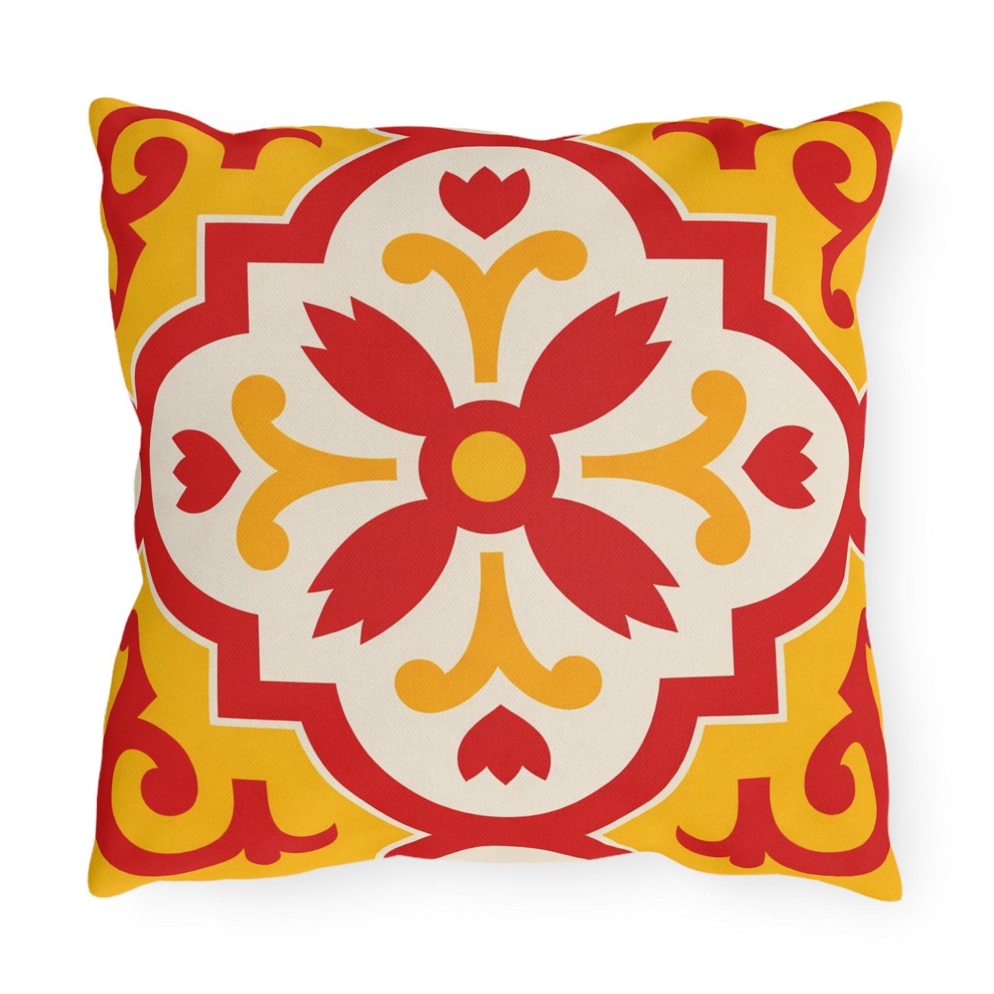 Red/Yellow Mediterranean Tile Outdoor Pillow | Sunflower Geometric Pattern