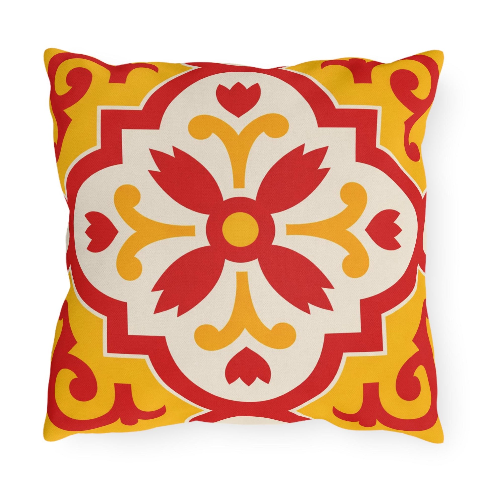 Red/Yellow Mediterranean Tile Outdoor Pillow | Sunflower Geometric Pattern