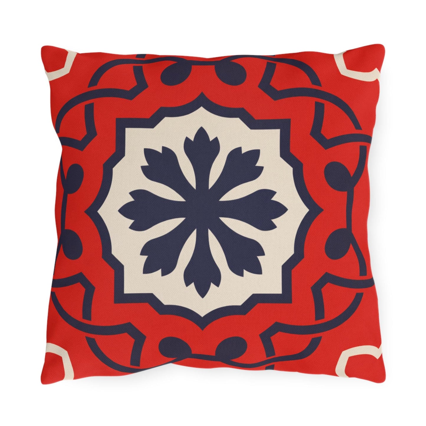 Red Mediterranean Tile Outdoor Pillow | Sunflower Geometric Pattern