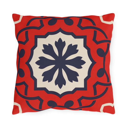 Red Mediterranean Tile Outdoor Pillow | Sunflower Geometric Pattern