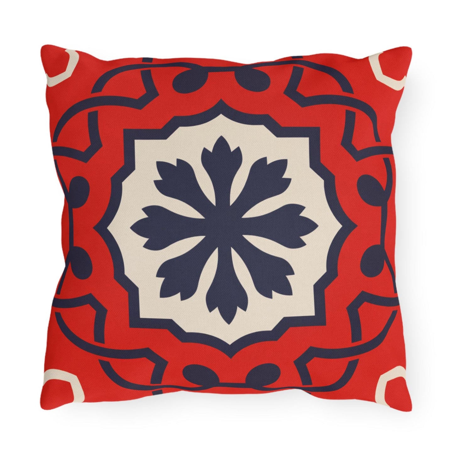 Red Mediterranean Tile Outdoor Pillow | Sunflower Geometric Pattern